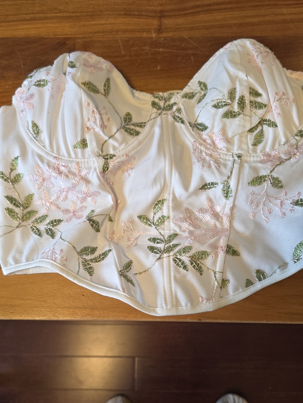 SHEIN White Embroidered Floral Bustier Camisole with Pink and Green Accents